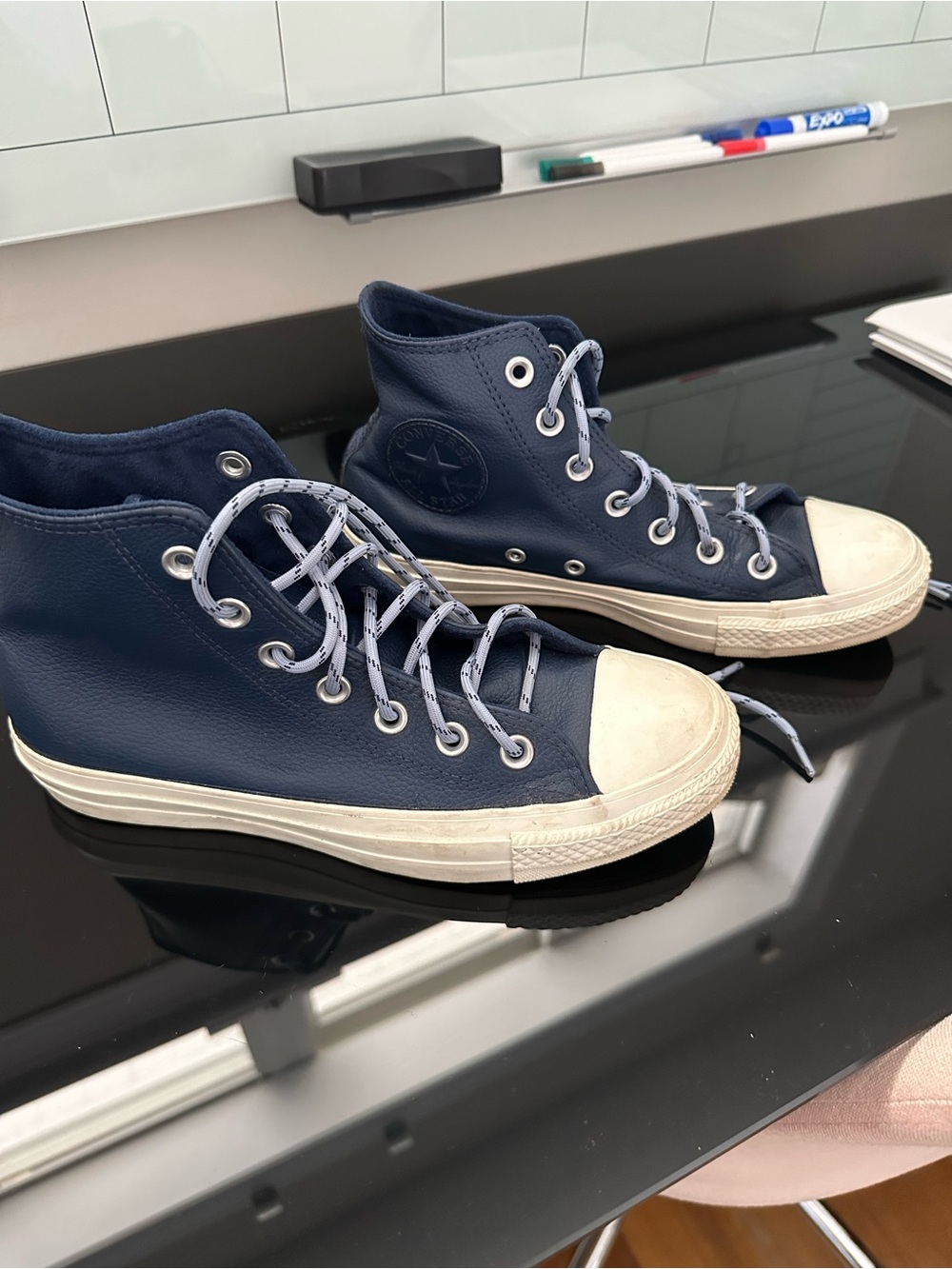 Navy Blue High-Top Leather Converse with White Toe Cap